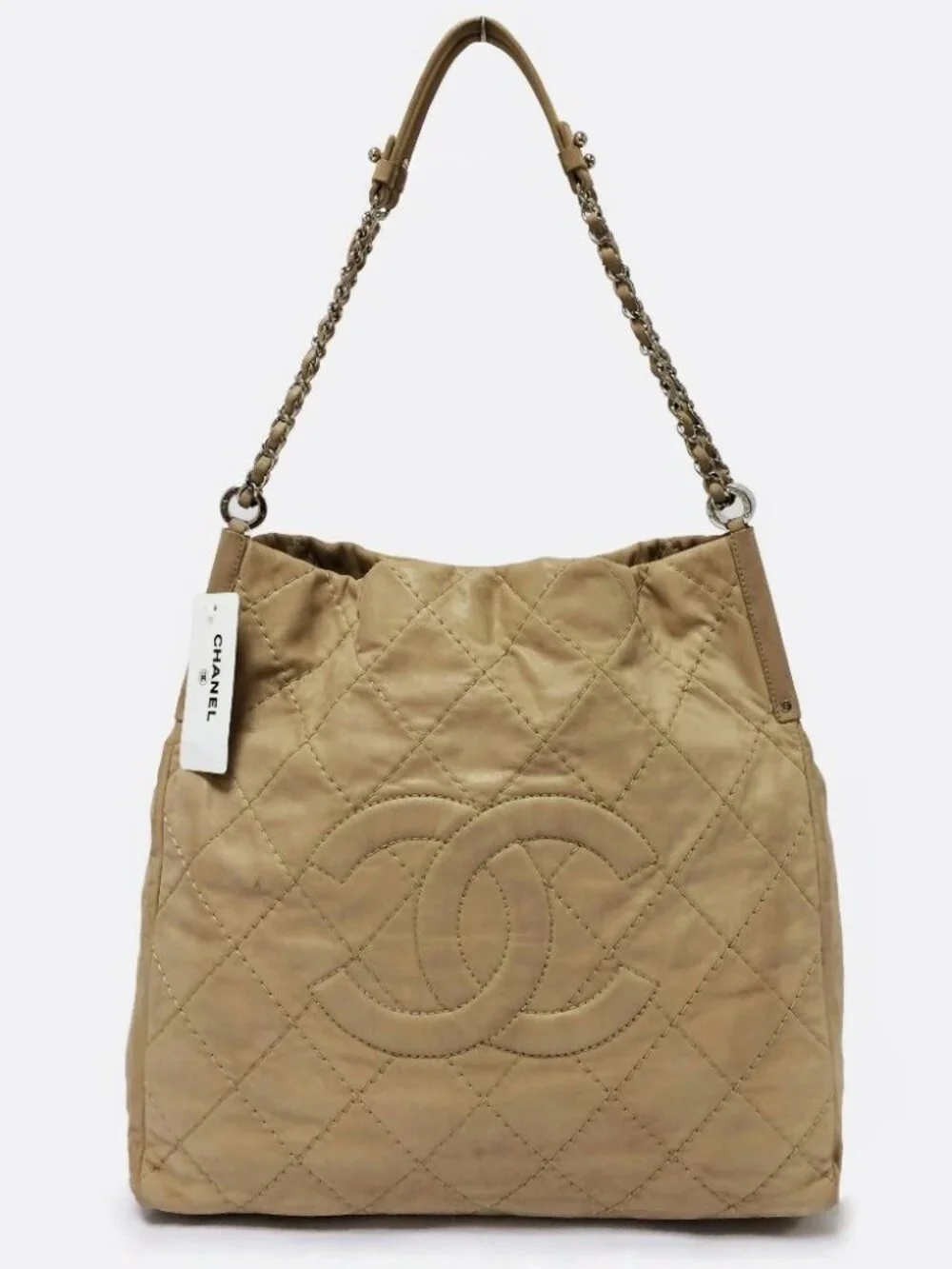 CHANEL Sea Hit Iridescent Calfskin Quilted CC Tote Beige Silver Chain 2011